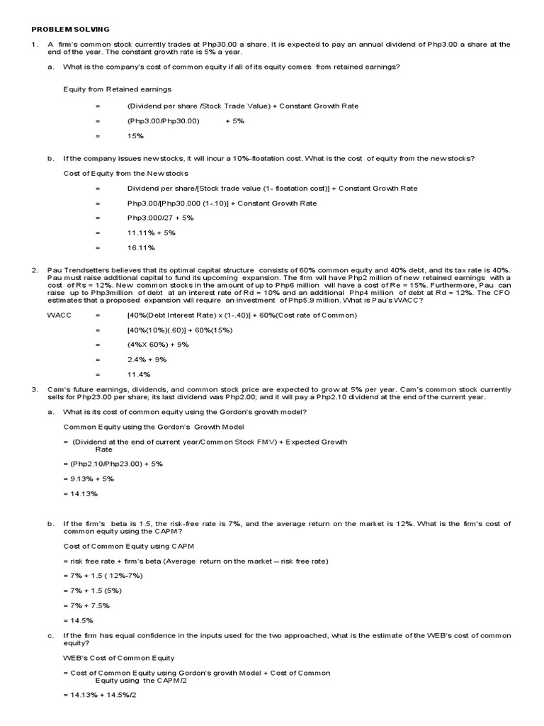COST OF EQUITY-PROBLEM SOLVING - With Answer | PDF | Cost Of Capital ...