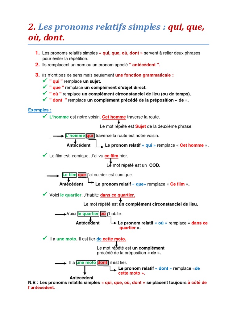 Les pronoms relatifs simples expliqués | PDF