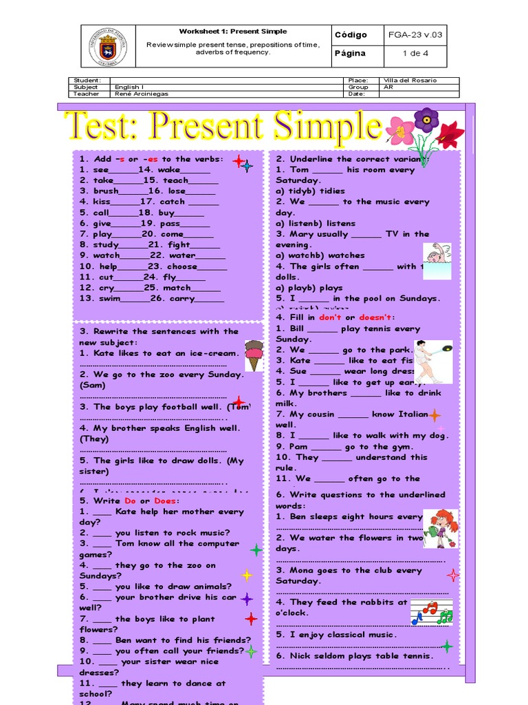 Present Simple Tense Worksheet | PDF | Languages | Language Arts ...