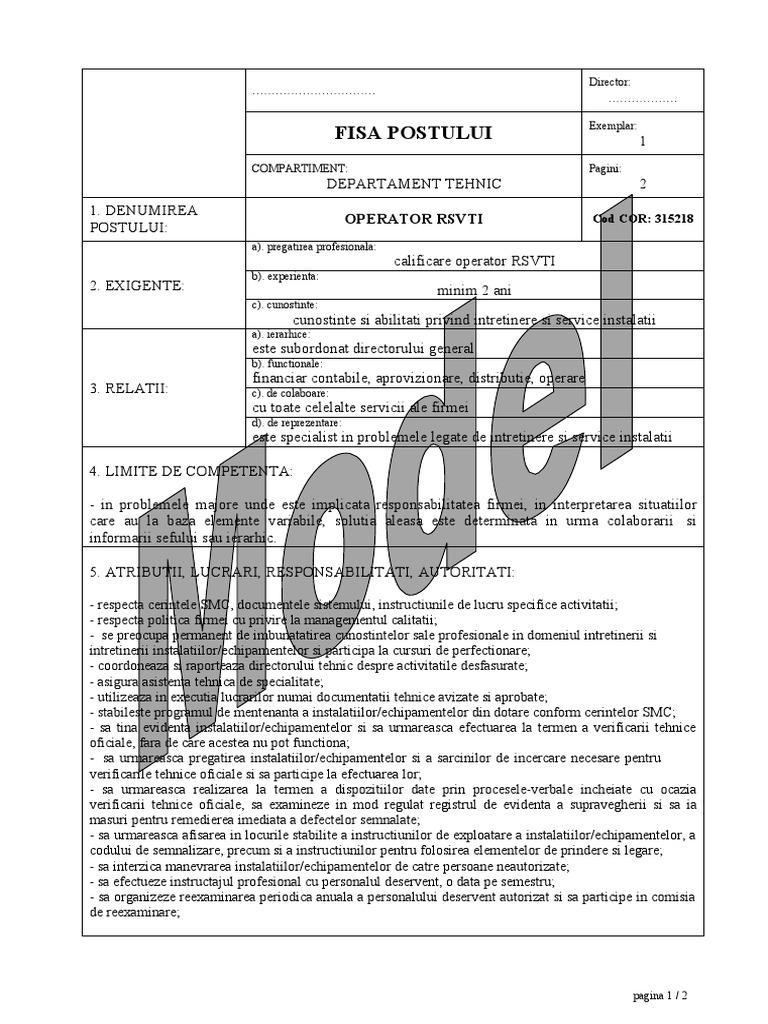 Fisa Post Operator RSVTI | PDF