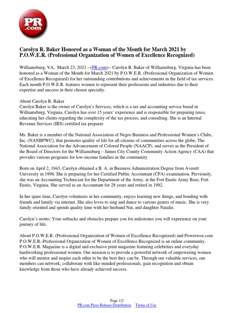 Carolyn R. Baker Honored As A Woman of The Month For March 2021 by P.O ...