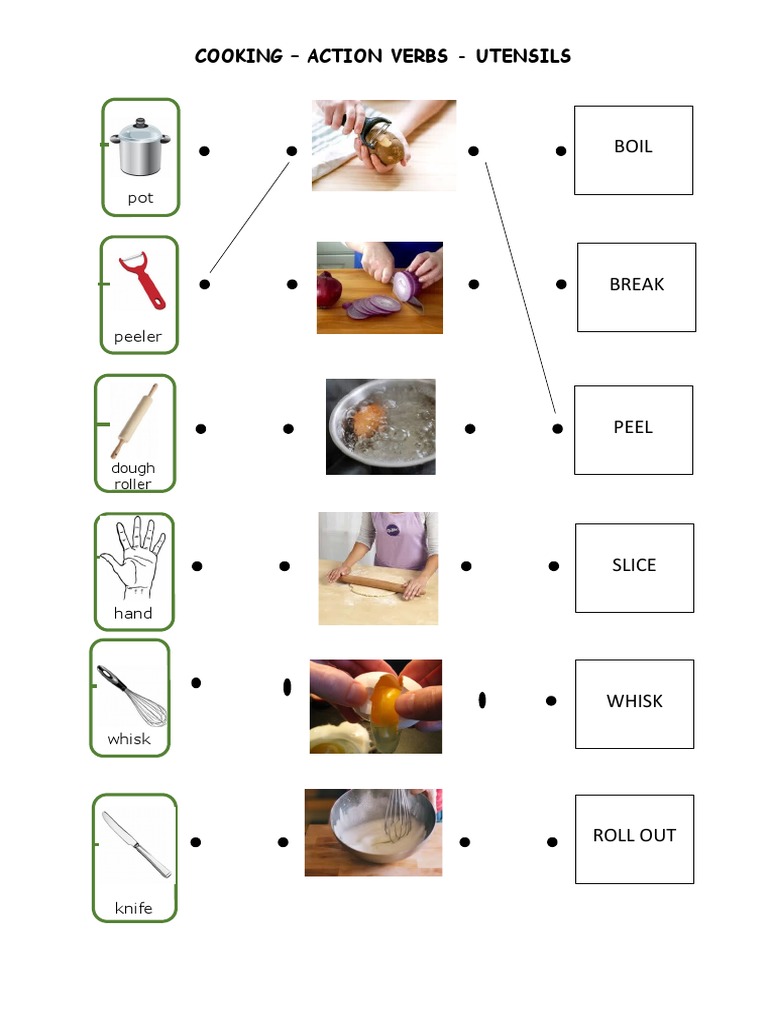 Cooking Action Verbs and Utensils Guide | PDF