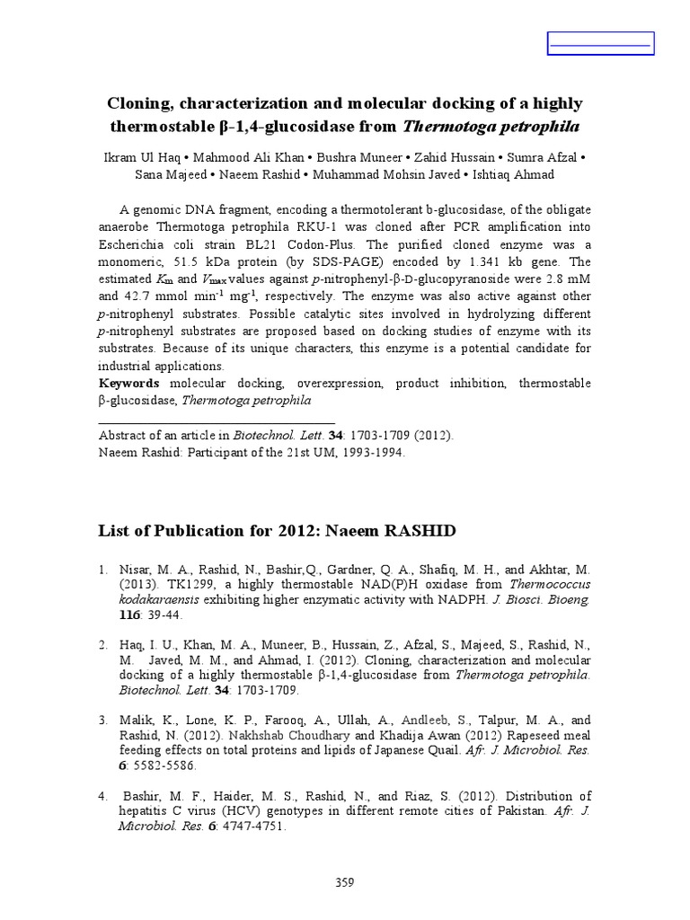 Cloning Characterization And Molecular Docking Of A Highly Thermostable B 1 4 Glucosidase From Thermotoga Petrophila Pdf Enzyme Macromolecules
