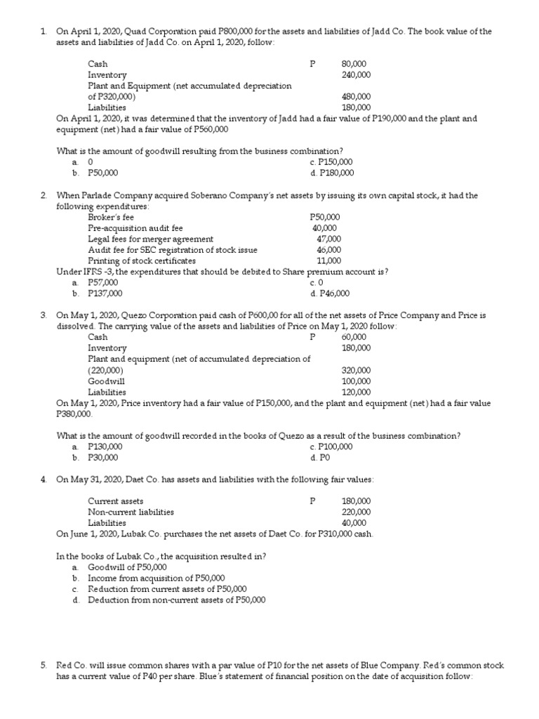 Business Combination Quiz 1 PDF Goodwill (Accounting) Book Value