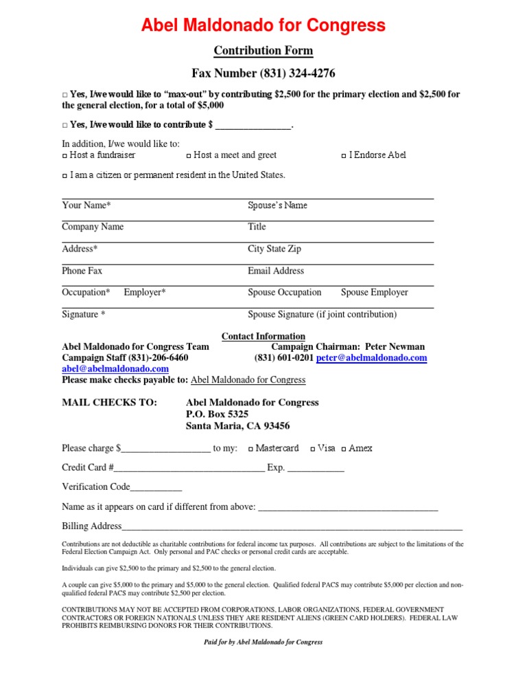 Maldonado For Congress Contribution Form | PDF | United States Congress ...
