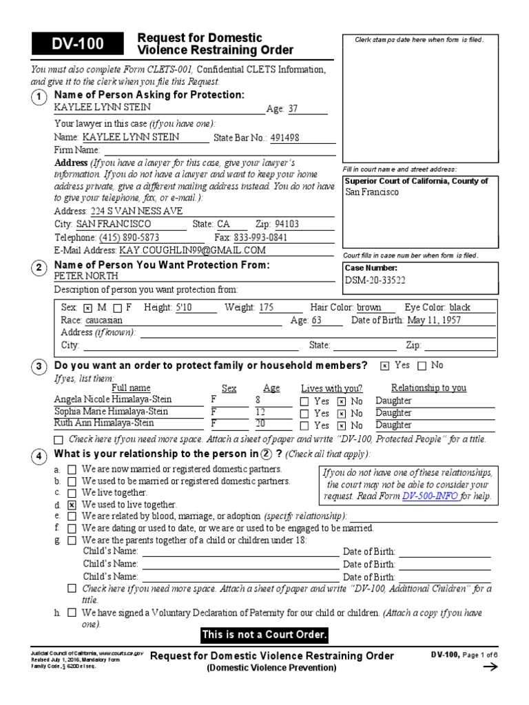 Request For Domestic Violence Restraining Order: Name of Person Asking ...