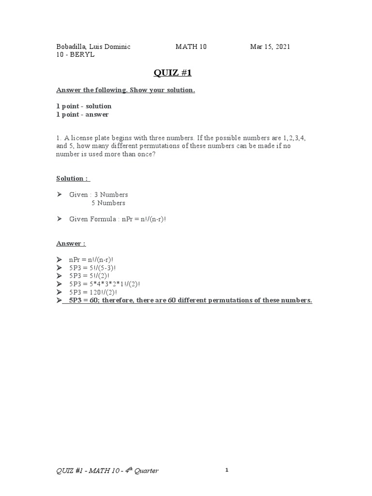 Math 10 Quiz: Permutations & Combinations | PDF | Discrete Mathematics ...