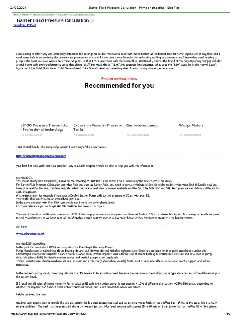 Barrier Fluid Pressure Calculation Pump Engineering EngTips PDF