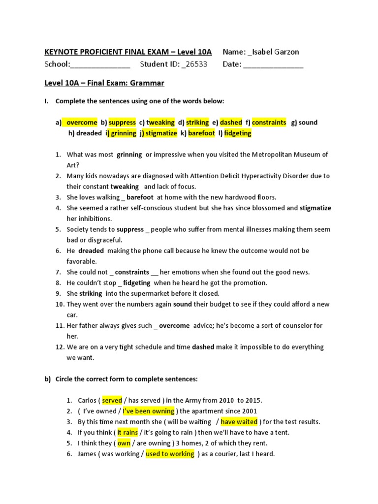 Keynote Proficient Final Exam 10A | PDF | Mental And Behavioural ...