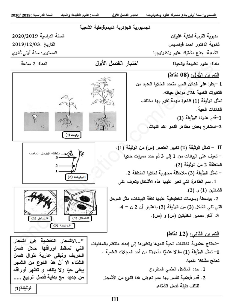 Dzexams 1as Sciences TCST E1 20200 1227033 | PDF
