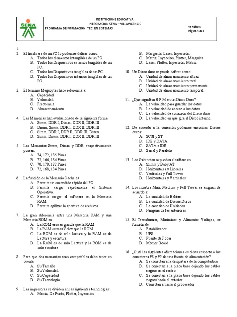 Examen de Hardware para Técnicos en Sistemas | PDF | Hardware de la ...
