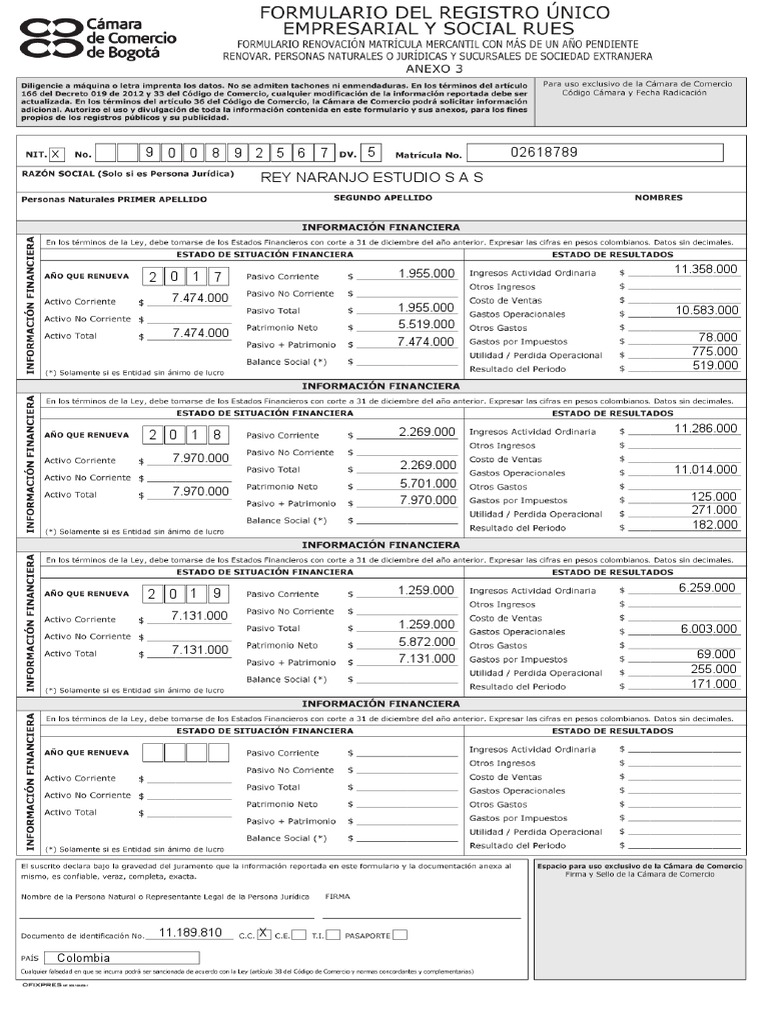 Formulario Renovación Camara de Comercio 2019 PDF