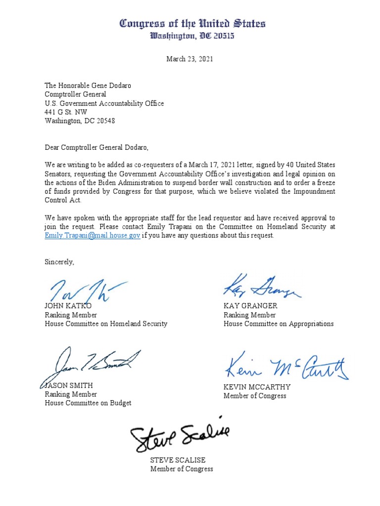 Request for GAO Investigation on Border Wall | PDF | Government ...