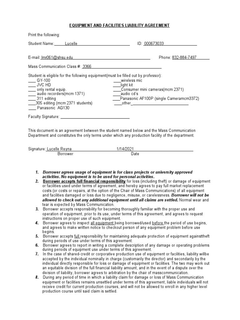 Equipment Checkout Agreement | PDF | Business