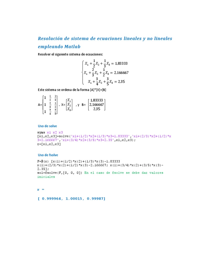 Resolución de ecuaciones en Matlab | PDF | Ciencia y matemáticas ...