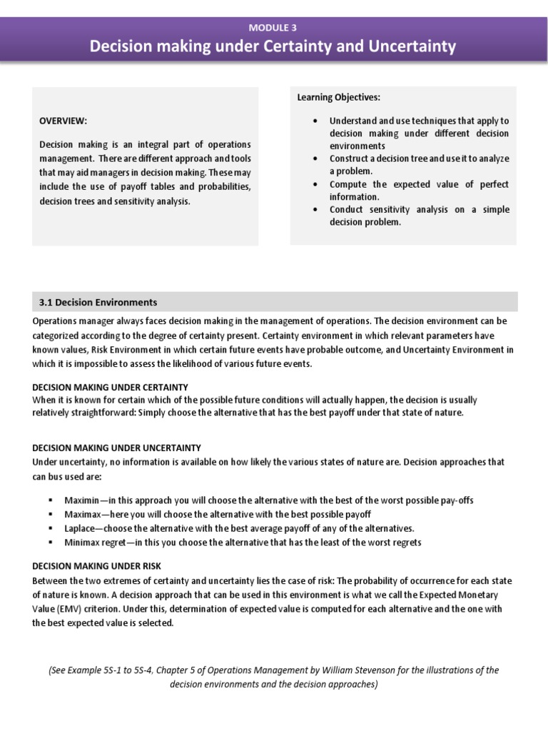 Decision Making Under Certainty and Uncertainty: Learning Objectives ...