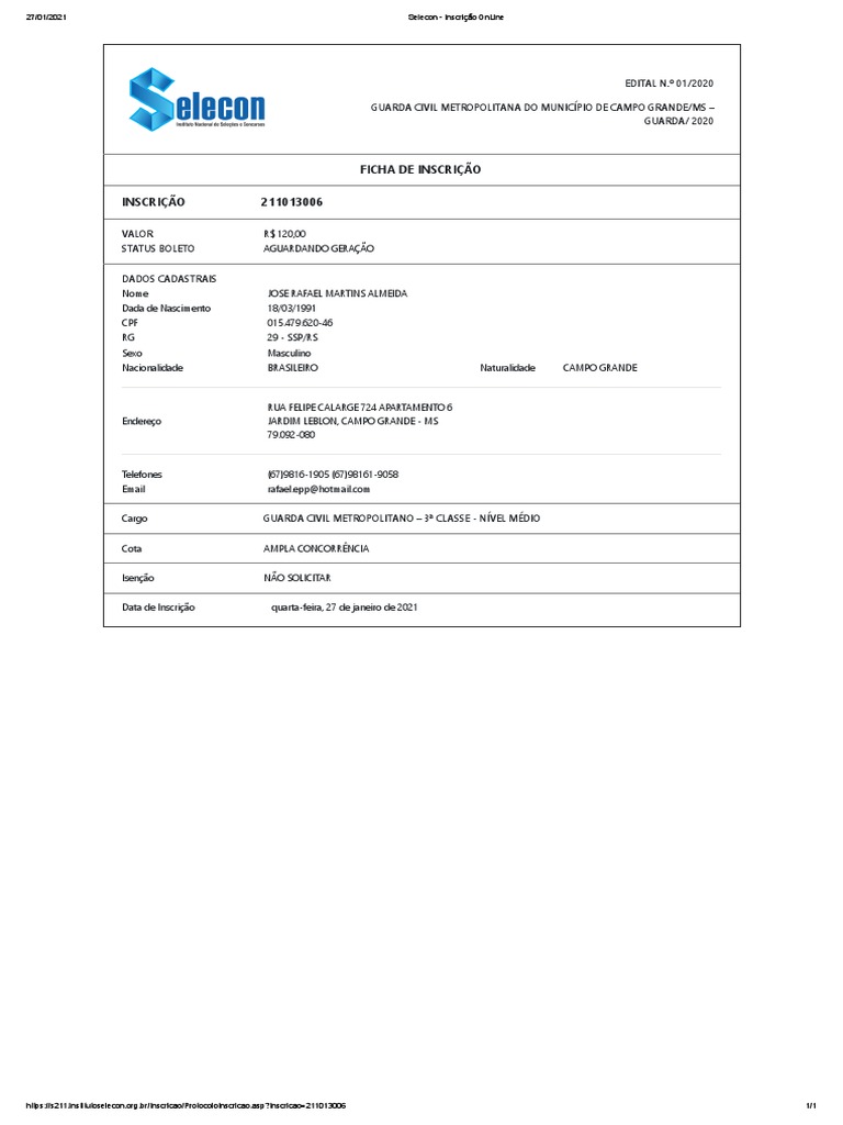 Inscrição para Guarda Municipal MS 2020 | PDF