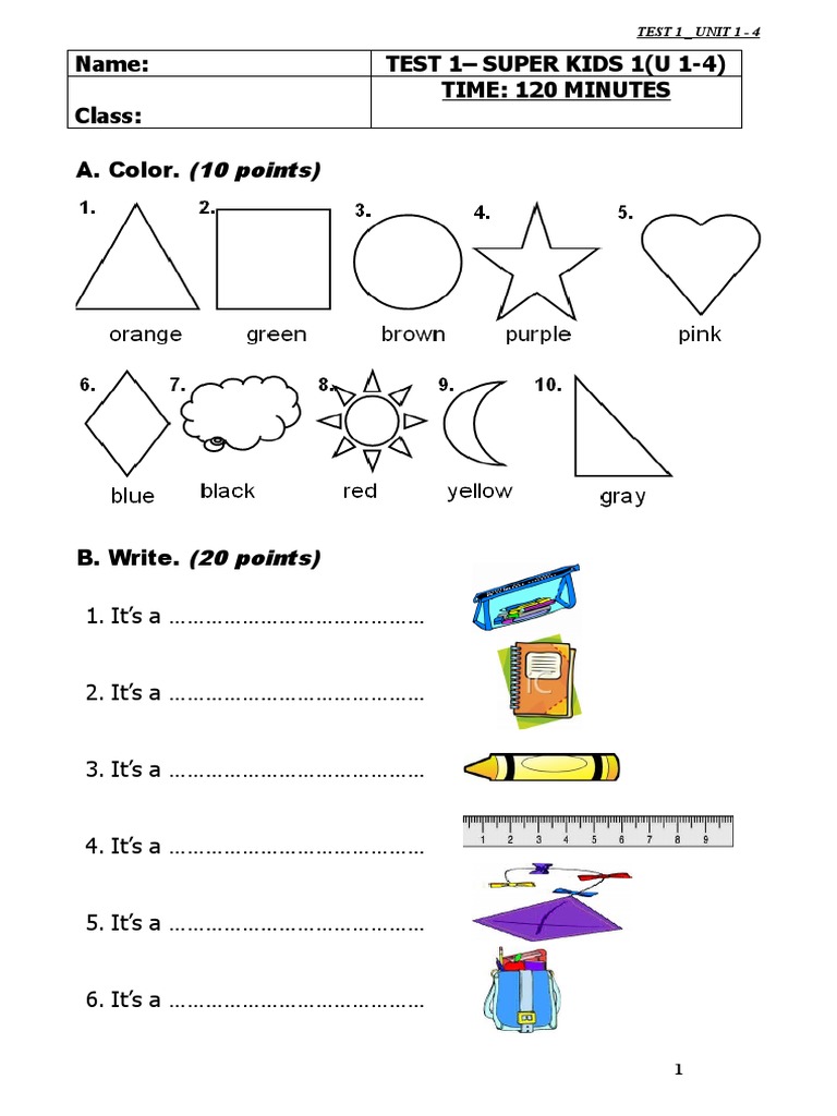 Super Kids 1 Unit 1-4 Test | PDF