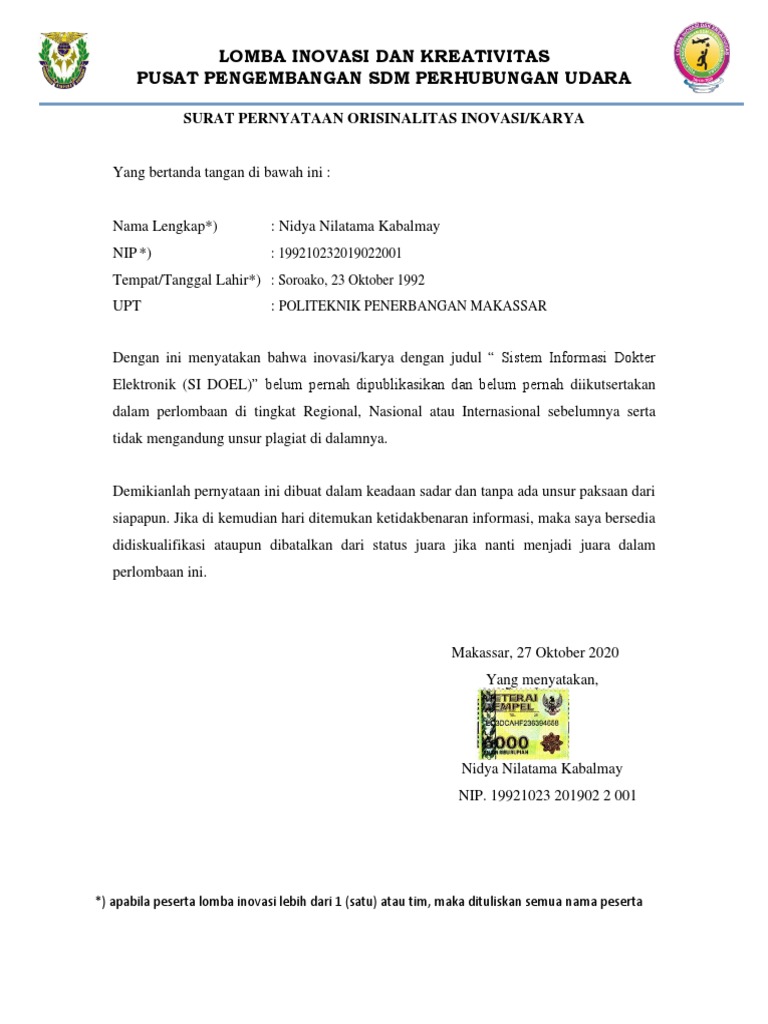 Draft SURAT-PERNYATAAN-ORISINALITAS-KARYA - Inovasi-Dikonversi | PDF ...