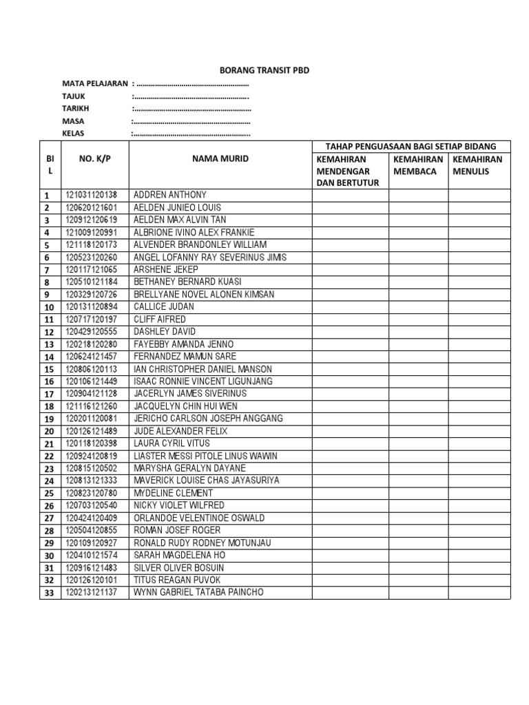 Borang Transit PBD untuk Pelajar | PDF