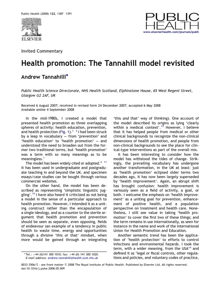 Health Promotion The Tannahill Model Revisited Andrew Tannahilll