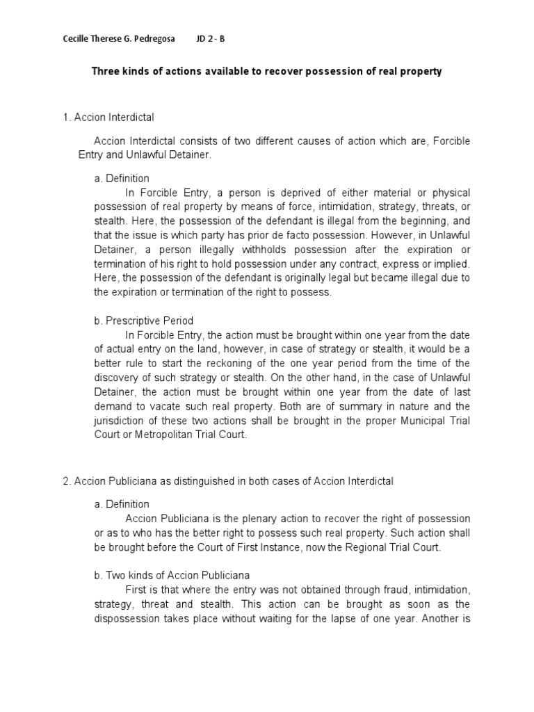 Three Kinds of Actions Available To Recover Possession of Real Property