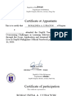 Certificate Ot Appeatante: This Is To Certify That Rosalinda A. Lubaton of Region