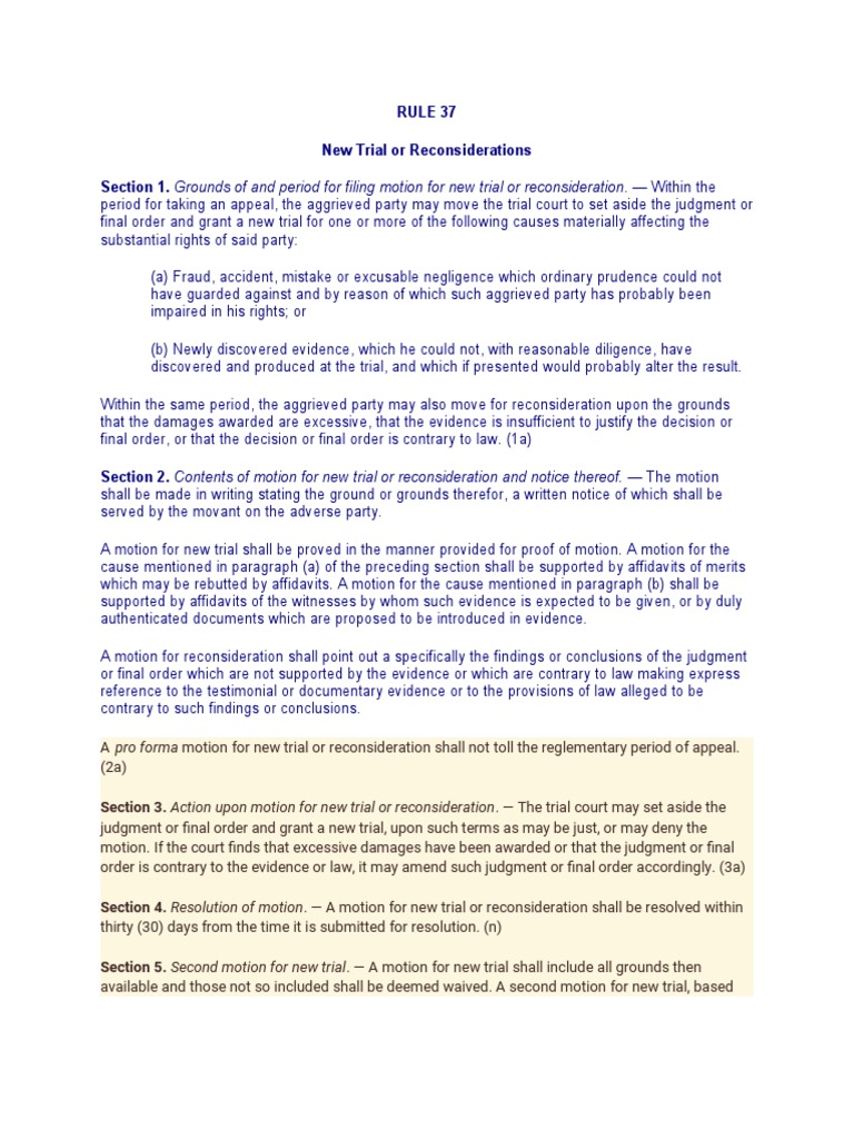 Rules Governing Motions for New Trial or Reconsideration Grounds, Requirements, and Court