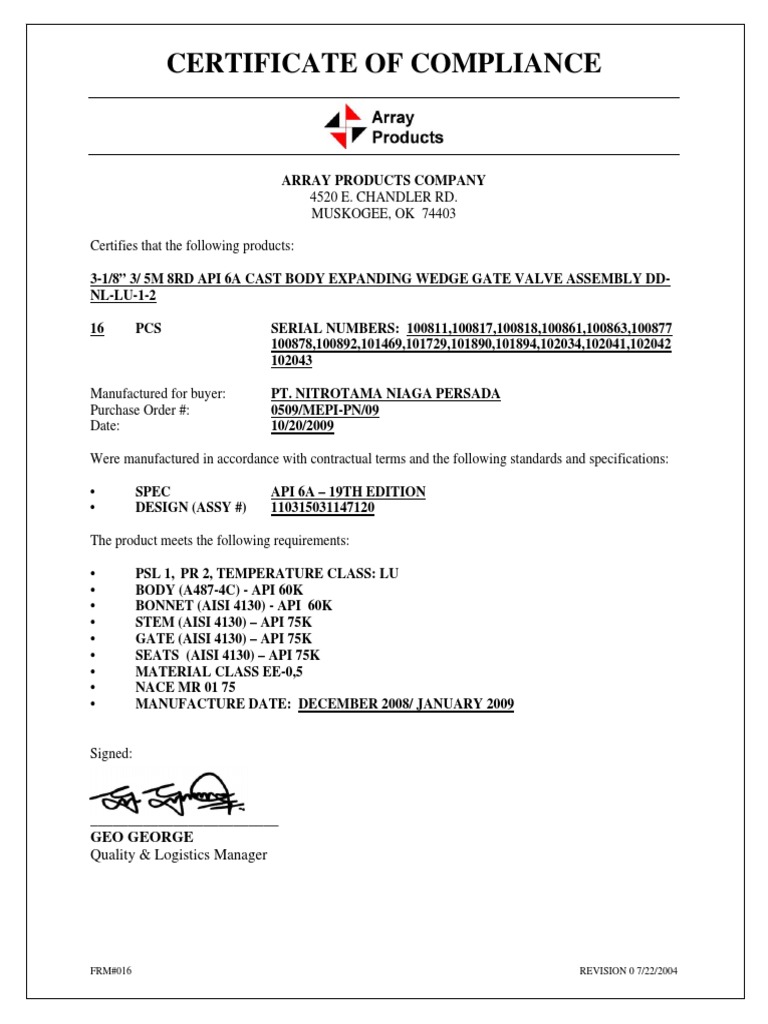 API 6A Valve Compliance Certificate | PDF