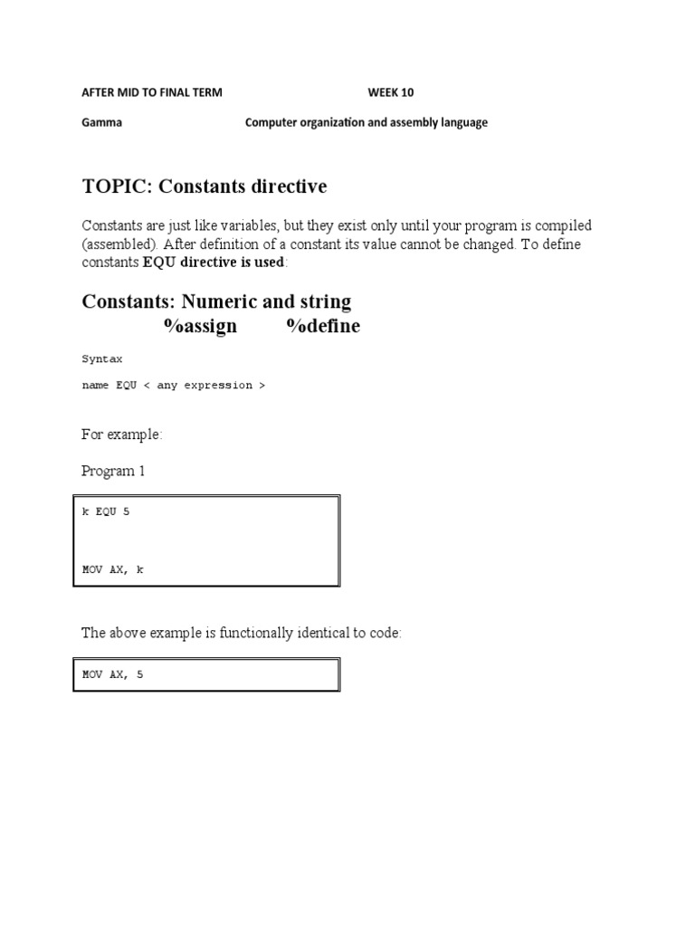 Constants Directives in Assembly Language Defining Numeric and String