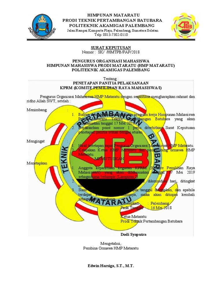 Penetapan Panitia KPRM HMP Mataratu | PDF