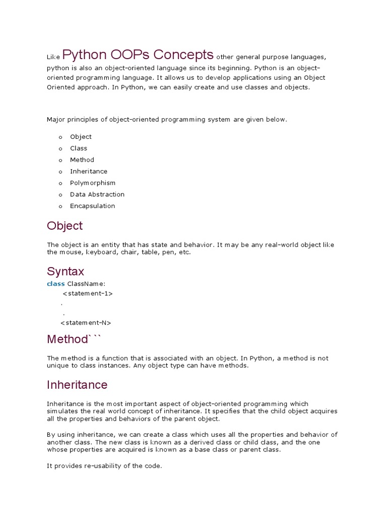 Python OOPs Concepts Class and Object and Inhertance Abstraction | PDF ...