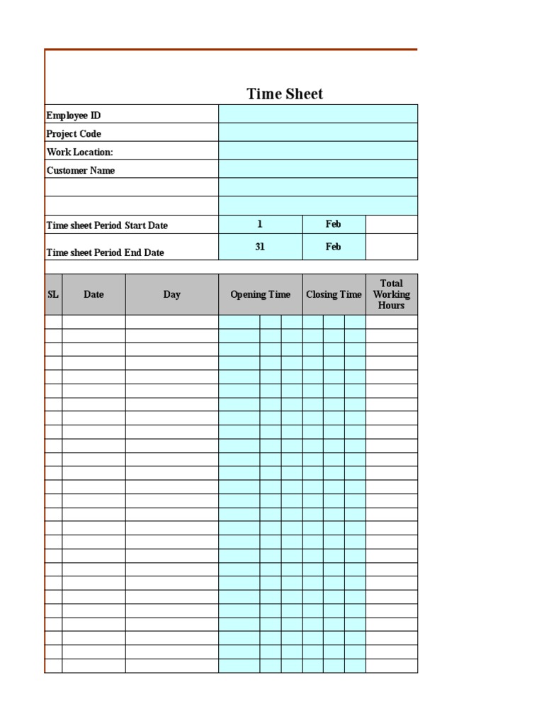 Time Sheet: Employee ID Project Code Work Location: Customer Name | PDF ...