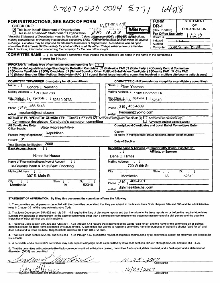Iowa Campaign Committee Organization Form | PDF | Political Action ...