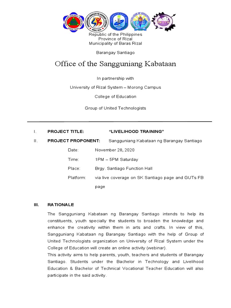Livelihood Training Project Proposal | PDF | Human Nature