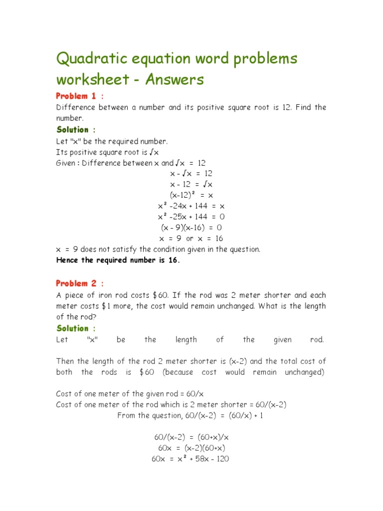 Quadratic Equation Word Problems Worksheet  Triangle  Euclidean Regarding Quadratic Equations Word Problems Worksheet