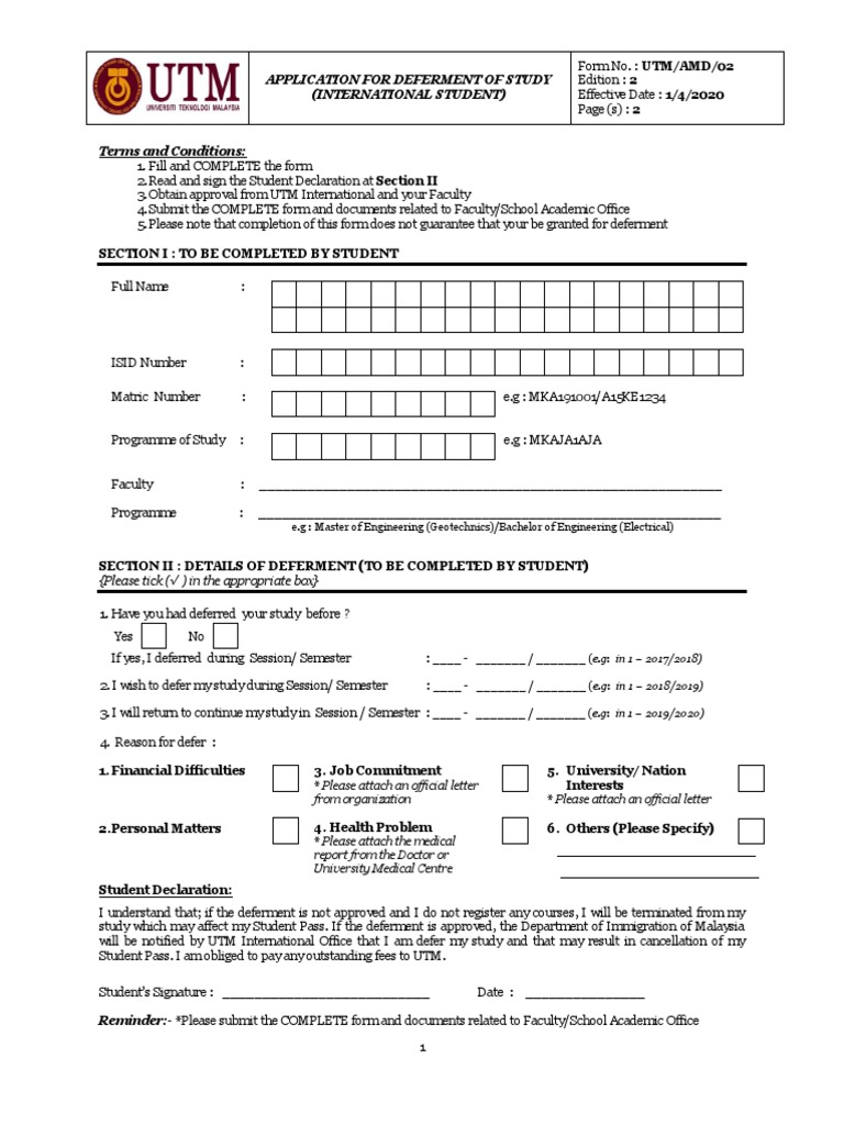International Student Deferment Application | PDF | Business