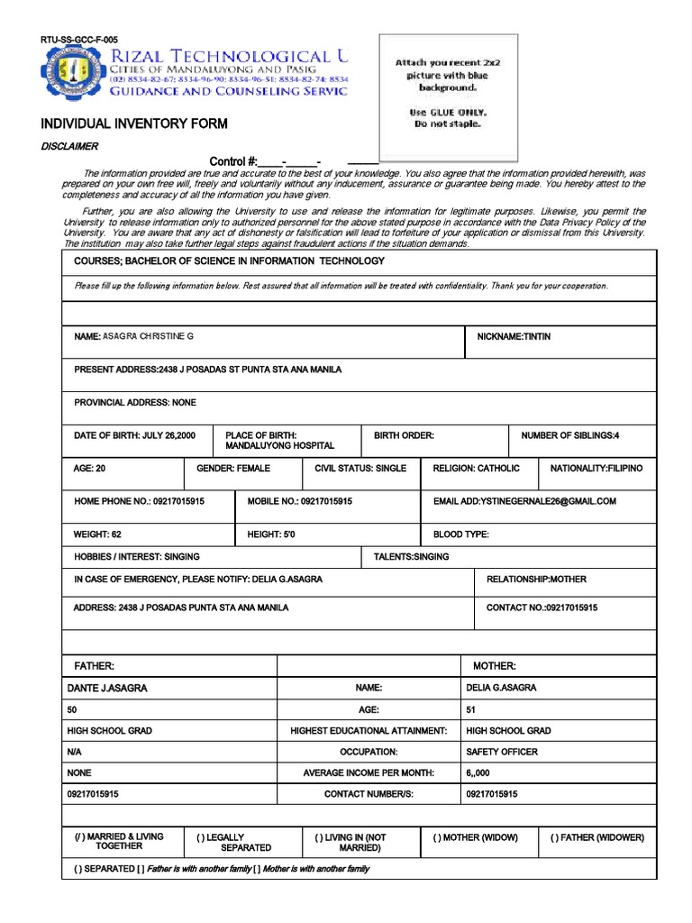RTU Individual Inventory Form | PDF | Privacy | Information Privacy