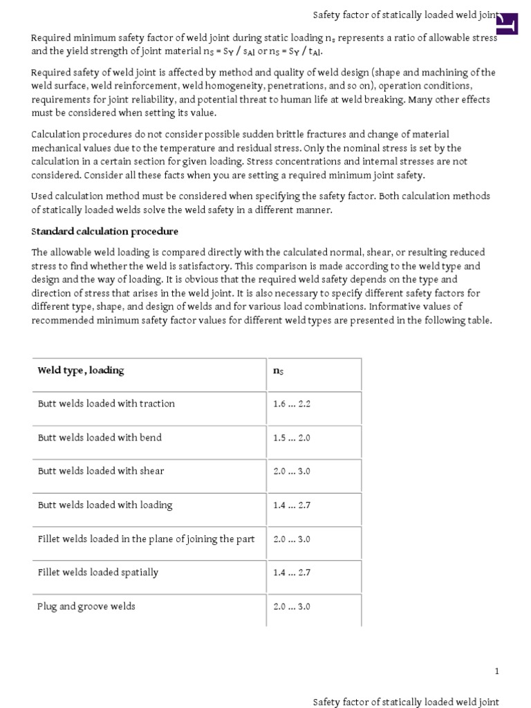 Safety Factor of Statically Loaded Weld Joint PDF Welding