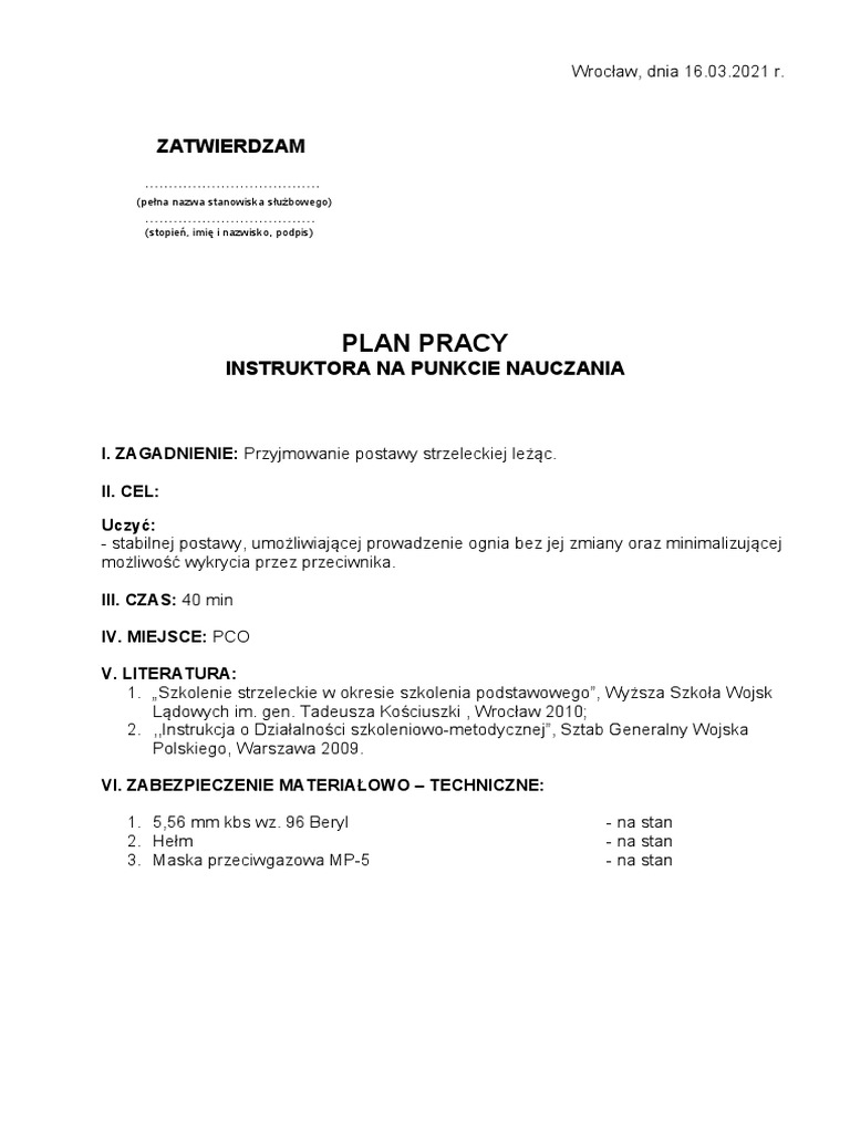 Plan Pracy Instruktora Na Punkcie Nauczania
