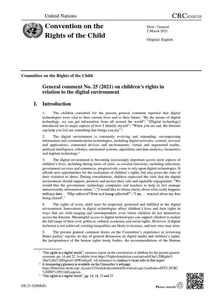 CRC General Comment No. 25 on Digital Rights | PDF