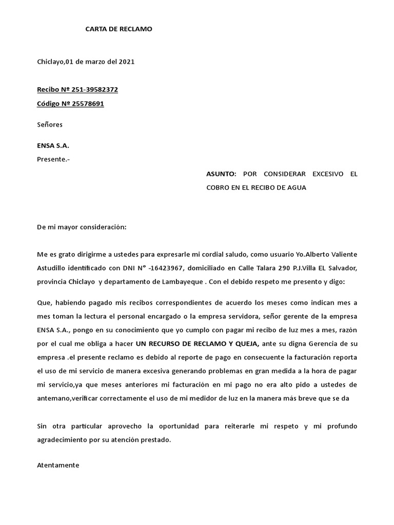 Reclamo por Cobro Excesivo de Agua | PDF