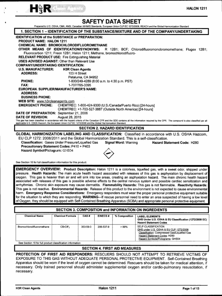 Halon 1211 Safety Data Sheet | PDF | Dangerous Goods | Chemicals