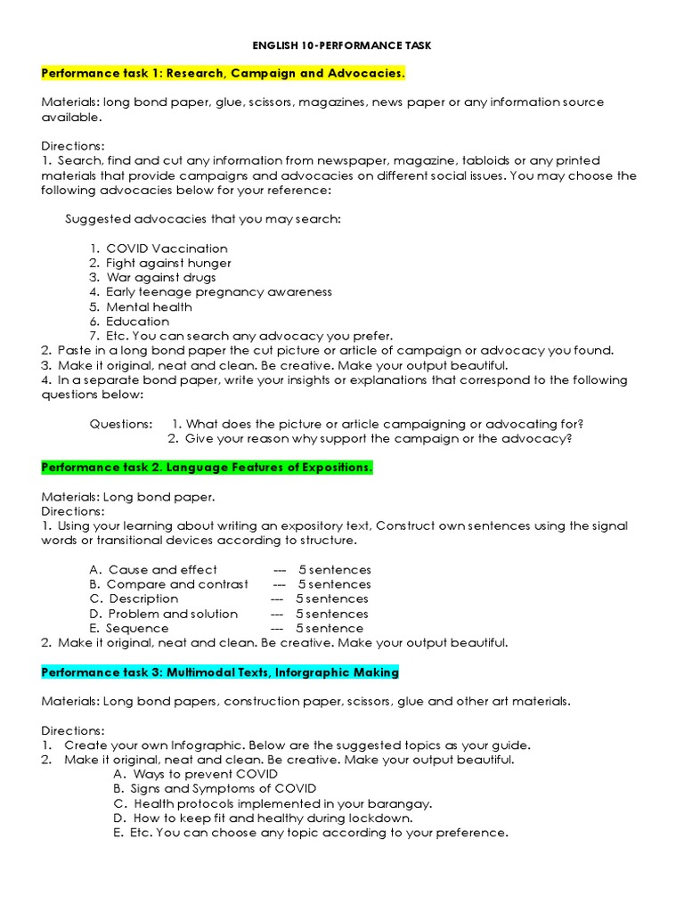 ENGLISH 10 - Performance Tasks | PDF