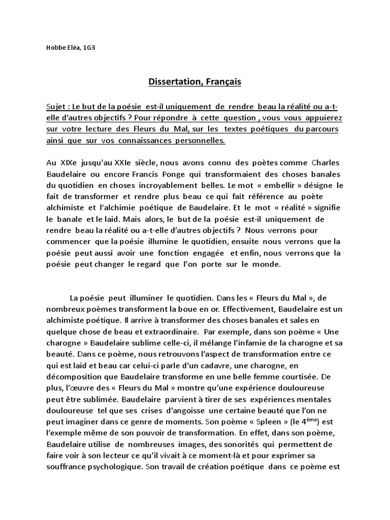 Dissertation Baudelaire Les Fleurs Du Mal La Boue Et L or Dissertation Poesie. | PDF | Charles Baudelaire | Les Fleurs du mal