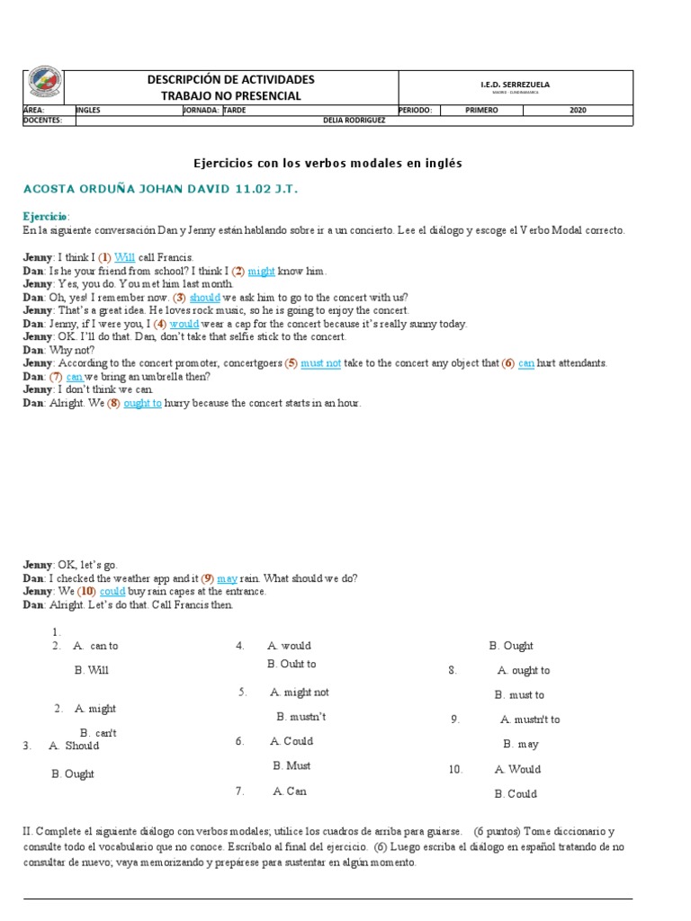 Ejercicios de Verbos Modales en Inglés | PDF