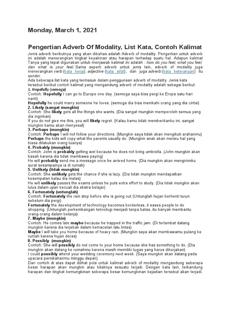 Pengertian dan Contoh Modal Adverb | PDF