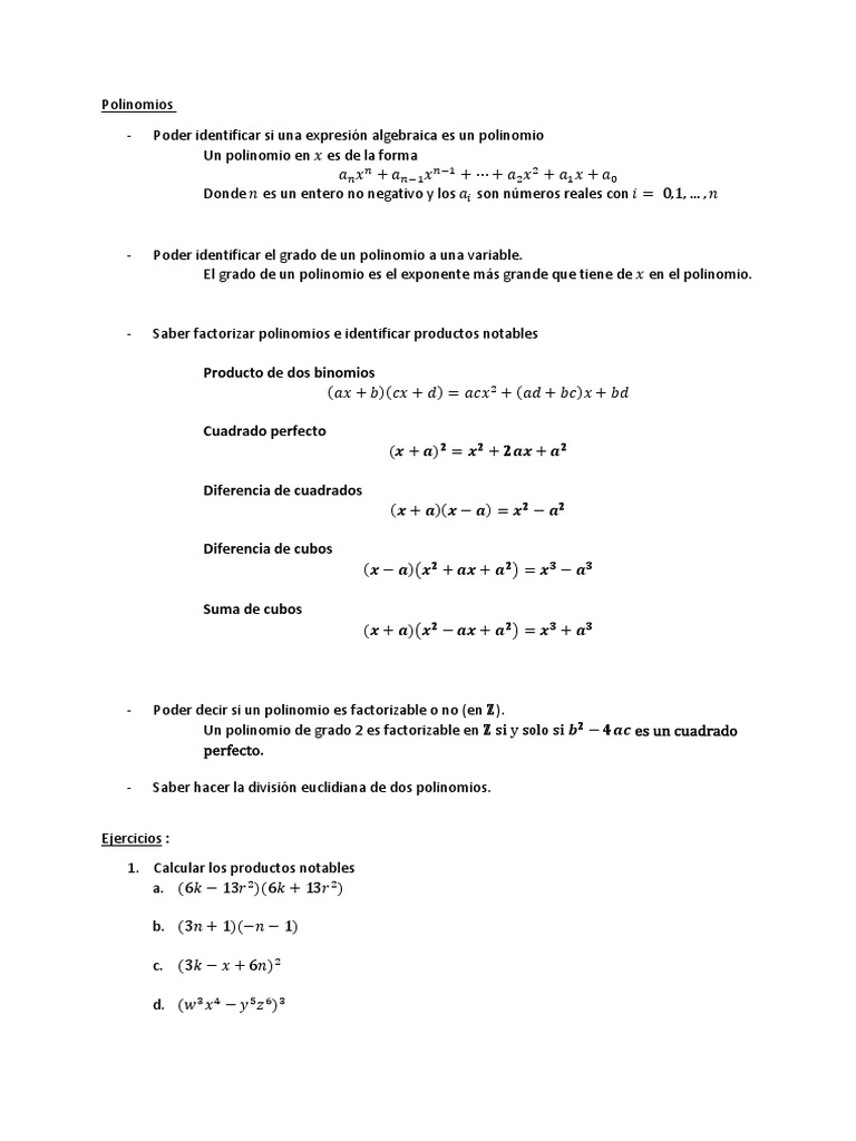 Repaso Polinomios y Expresiones Algebraicas | PDF | Factorización ...