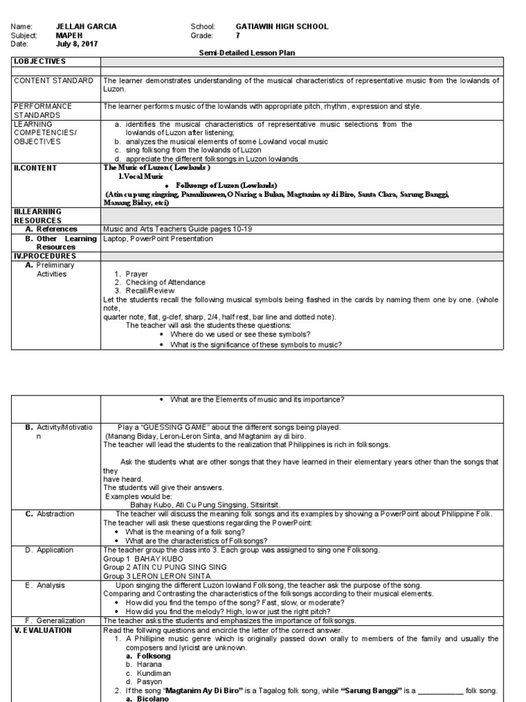 Lesson Plan: Luzon Folk and Sacred Music | PDF | Songs | Folk Music