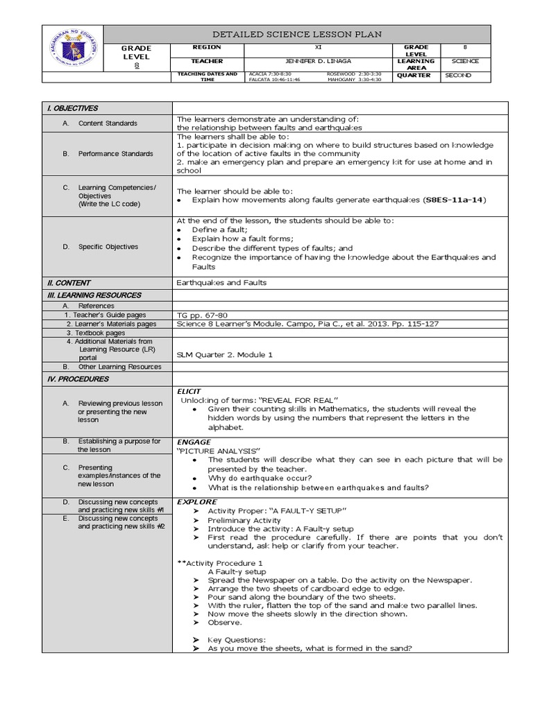 Grade 8 Science Lesson Plan: Earthquakes | PDF | Earthquakes | Lesson Plan